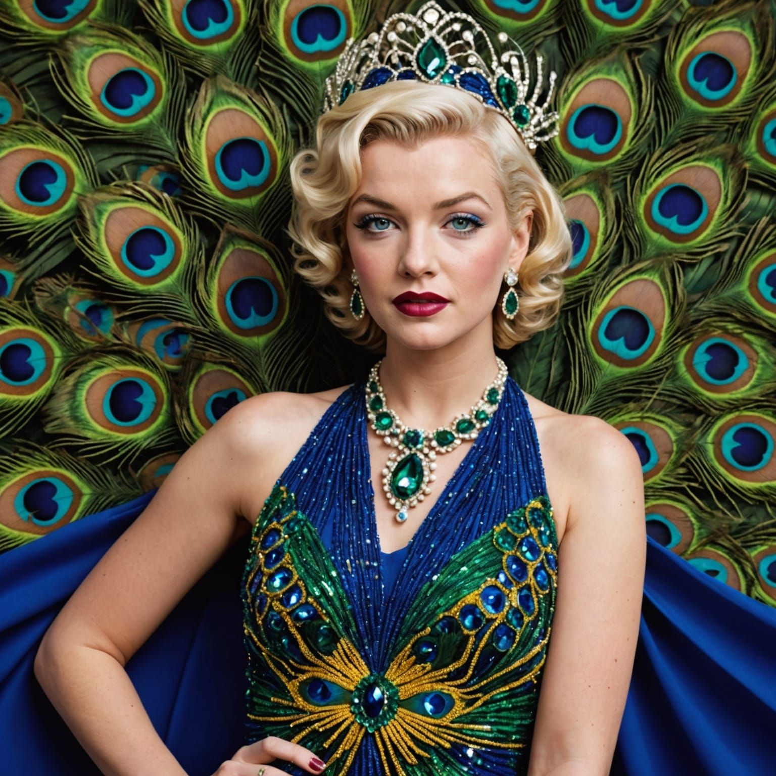 Colorful 1920s curvy bombshell beautiful flapper girl Marilyn Monroe body wearing  cobolt blue peacock greens and yellow...