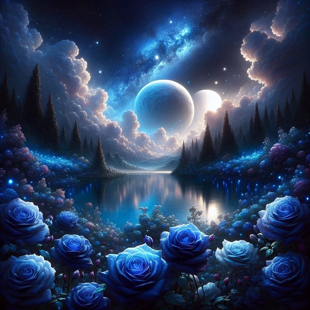 Ethereal Glowing Lake Surrounded by Blue Roses
