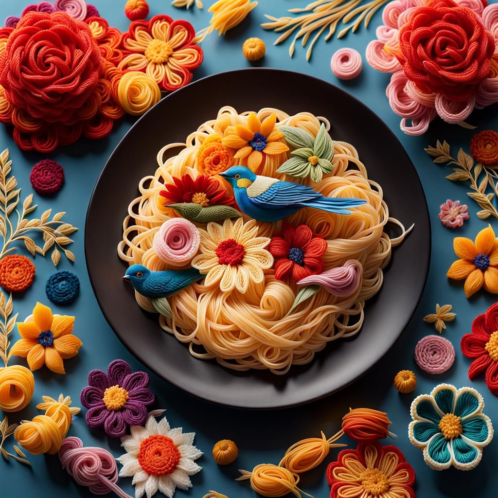Surreal Pasta Dishes with Embroidered Floral Accents