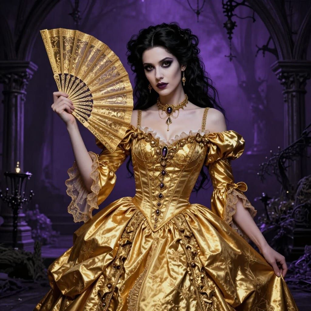 Gothic Ball Gown Woman in Garden, Alcohol Ink Style