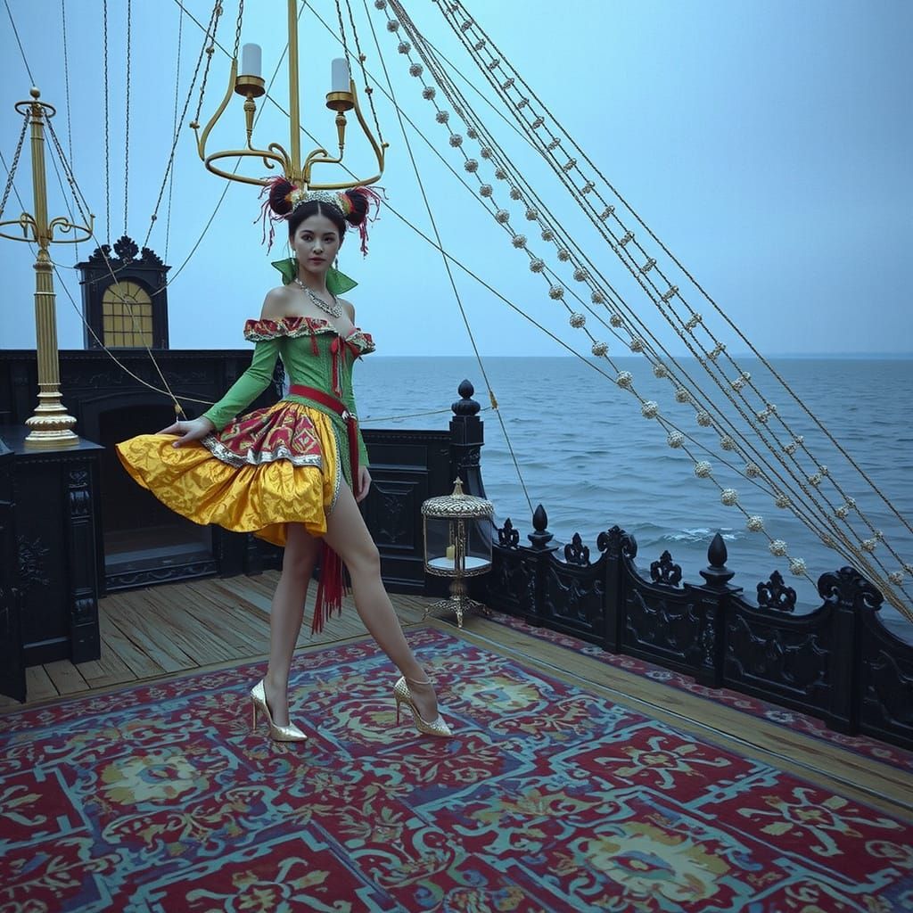 Woman in Opulent Attire with Dramatic Lighting