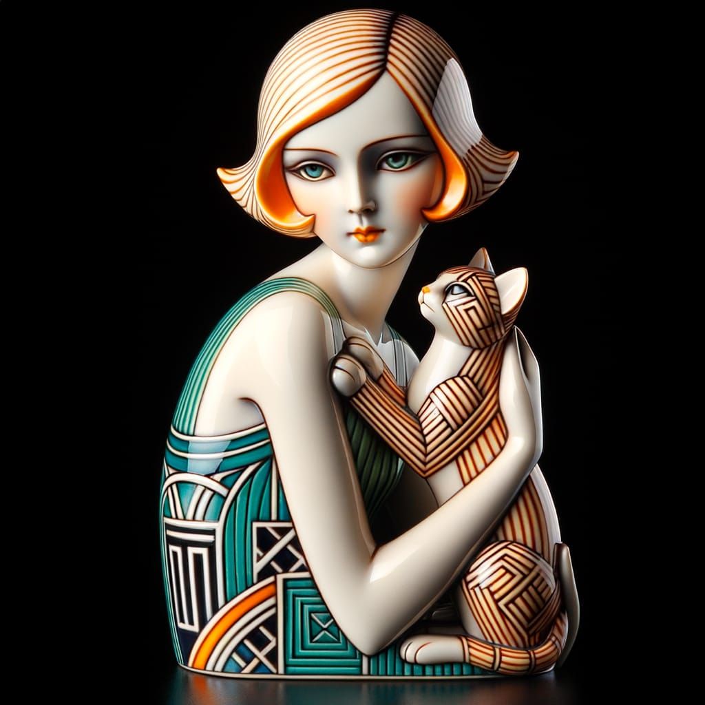 Art Deco Ceramic Figurine of Youth with Feline