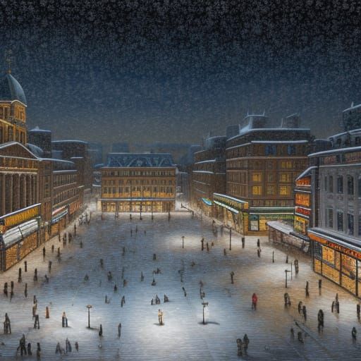 Snowy City Square in Vibrant Oil Painting Style