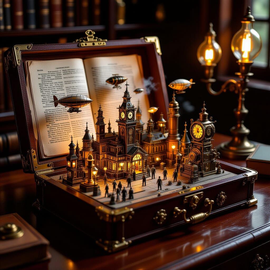 Steampunk City Inside Antique Book on Mahogany Desk