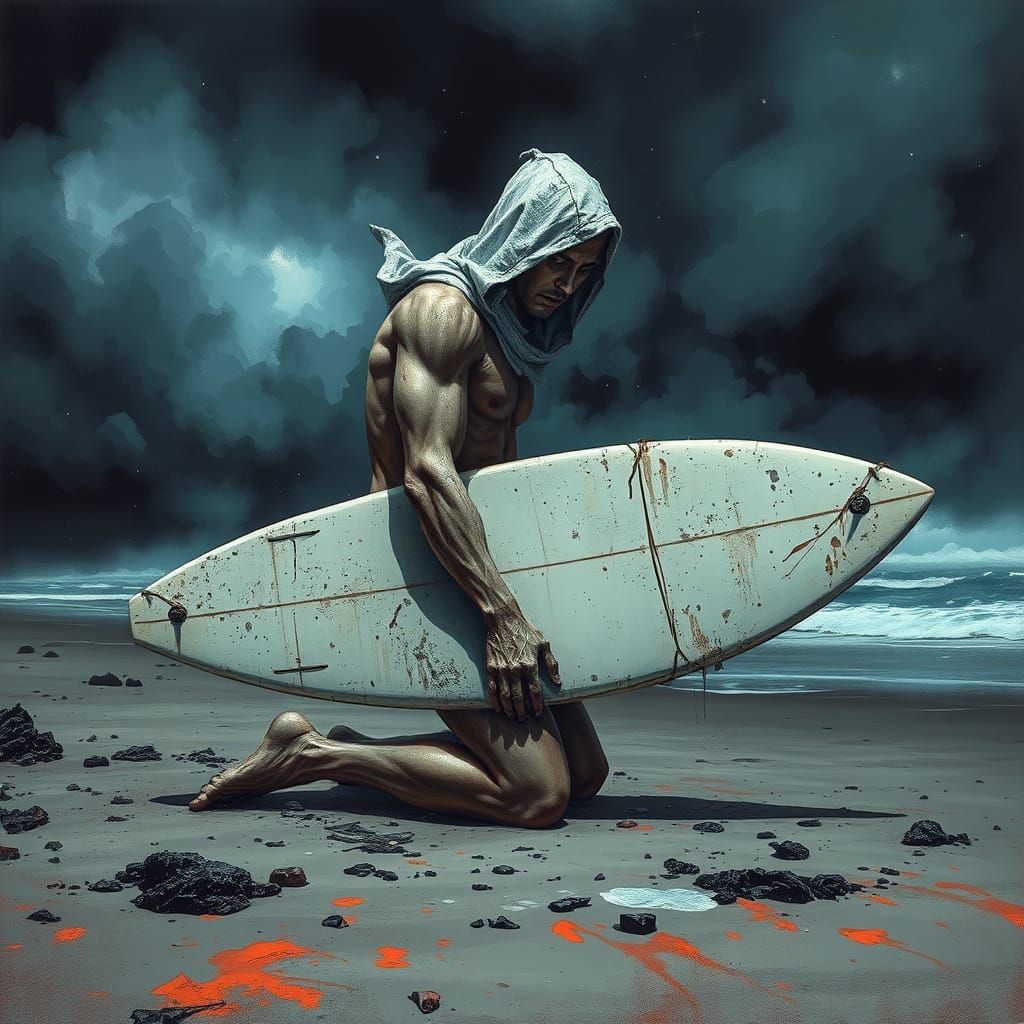 Worn Silver Surfer on Stormy Beach