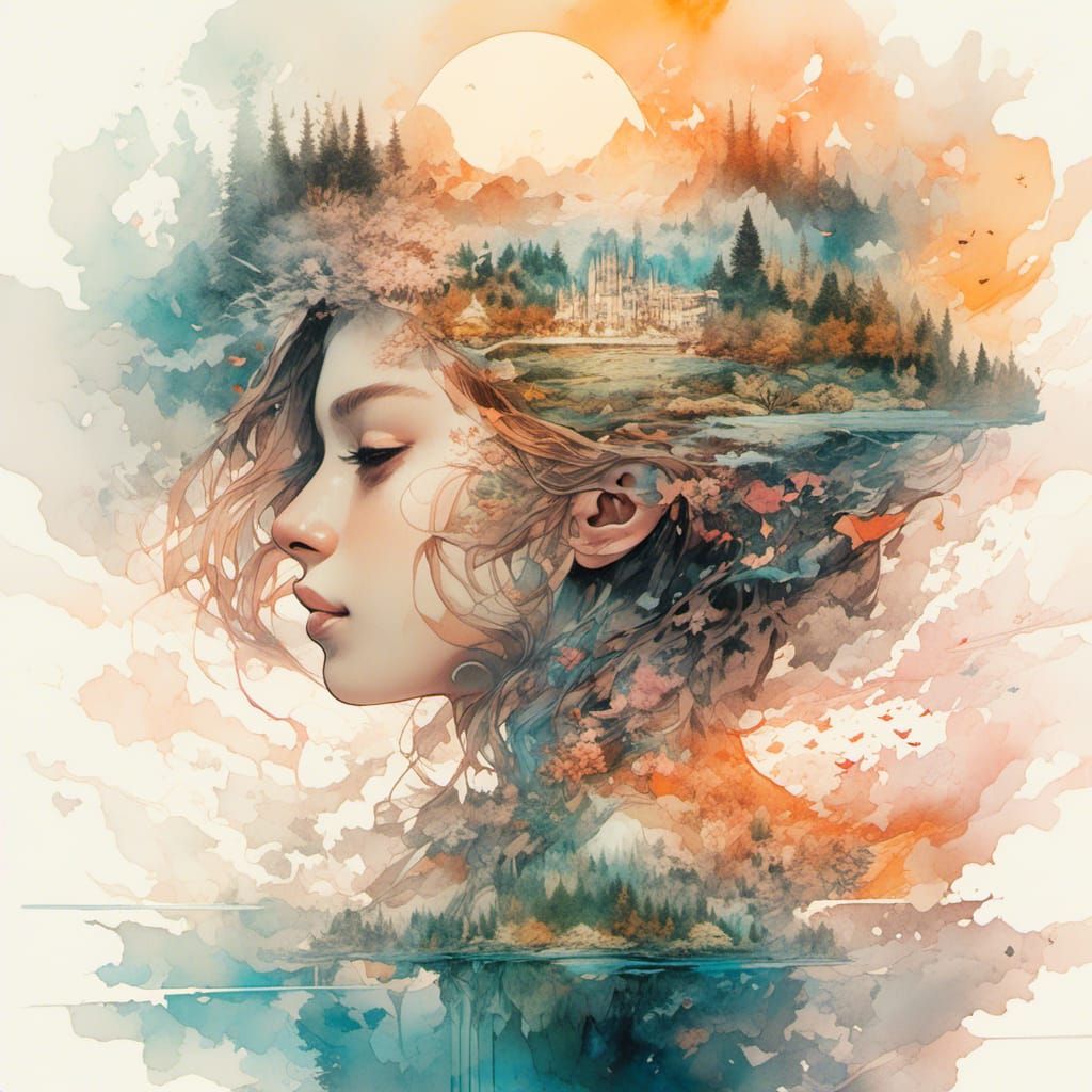 Summerscape Sunset Double Exposure Watercolor Illustration