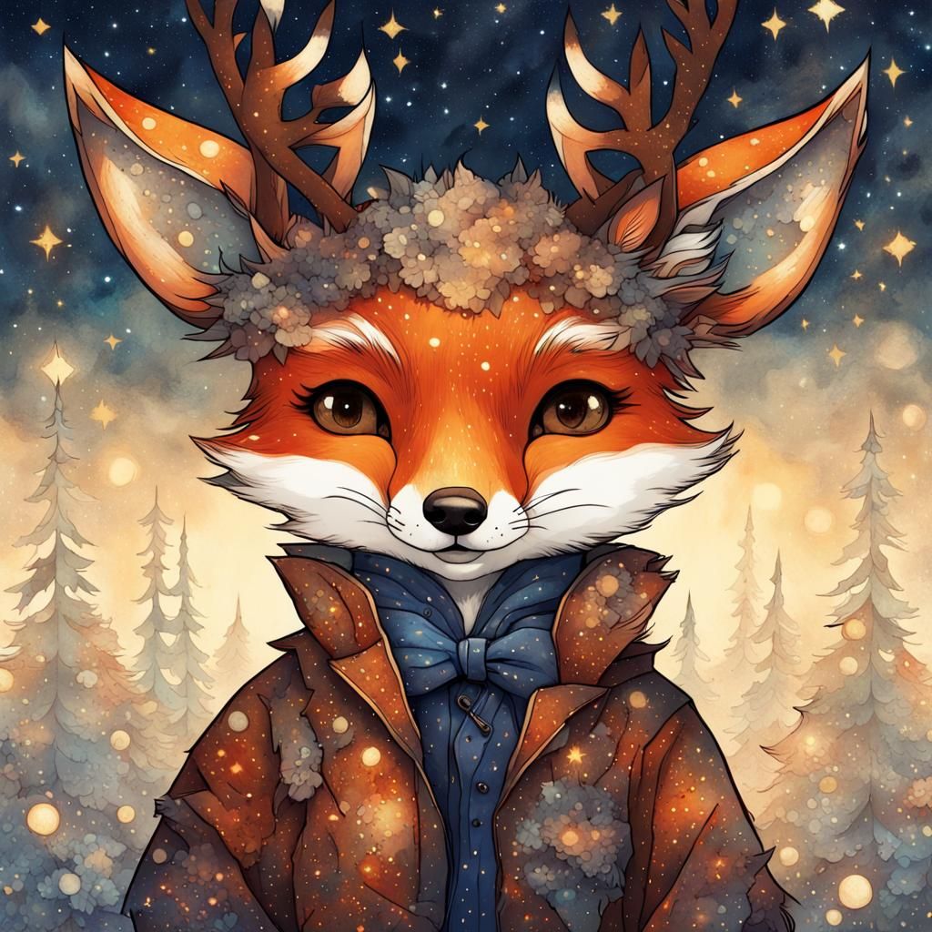 an adorable chibi fox dressed up as reindeer, dark starry night, gorgeous eyes, stained glass, fantasy illustration, tex...