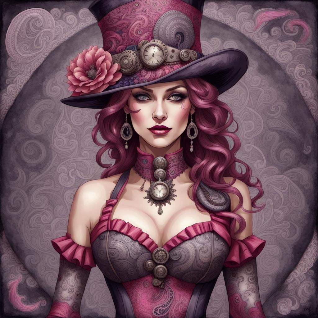 Steampunk Circus Woman with Zentangle Paisley Dress