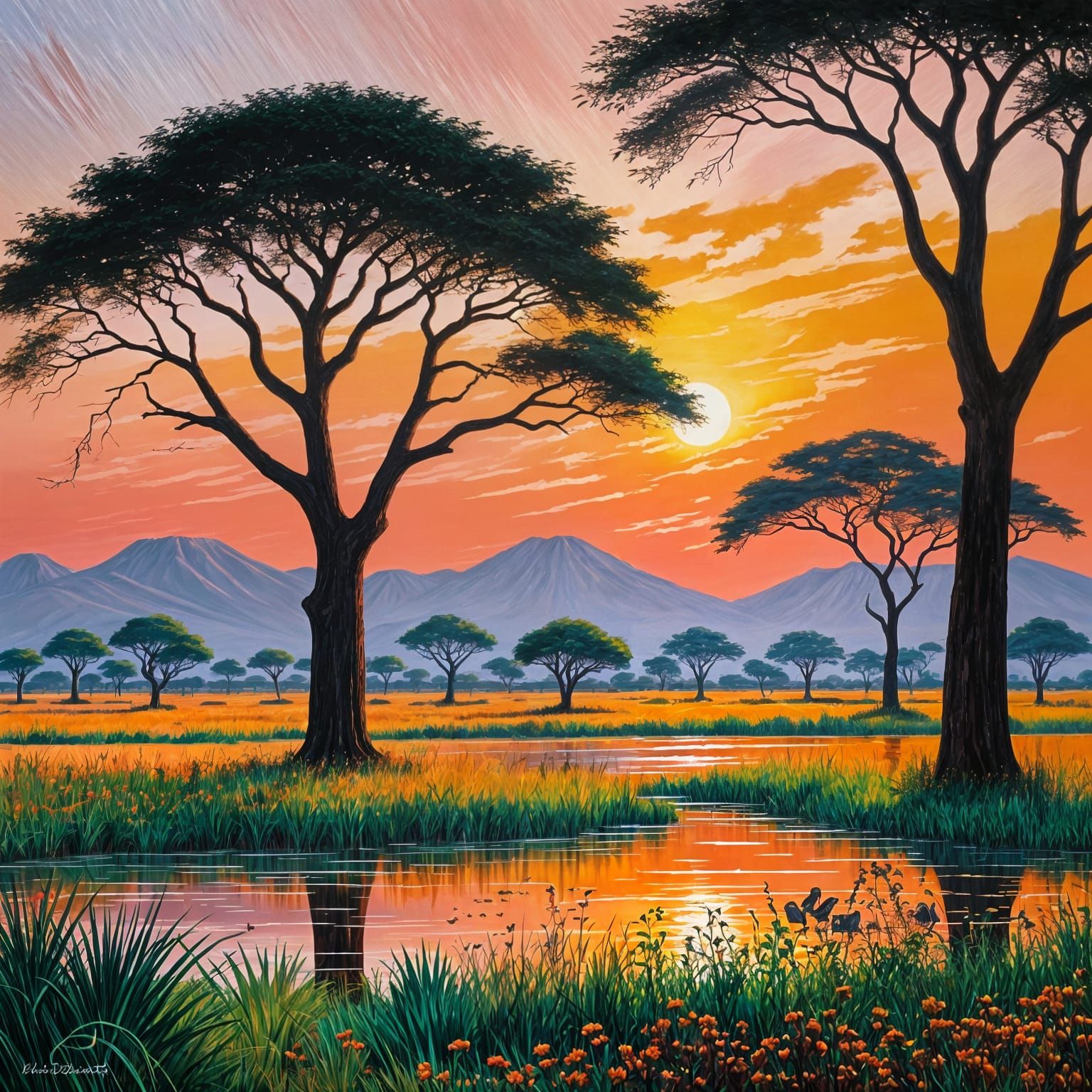 Impressionistic African Sunset with Silhouetted Trees and Wi...