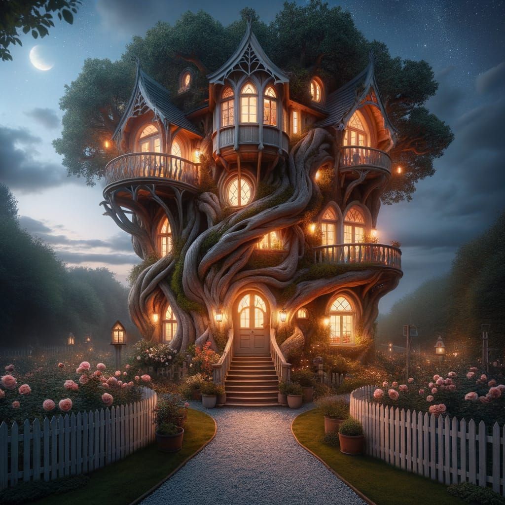 Magical Glowing Treehouse at Twilight