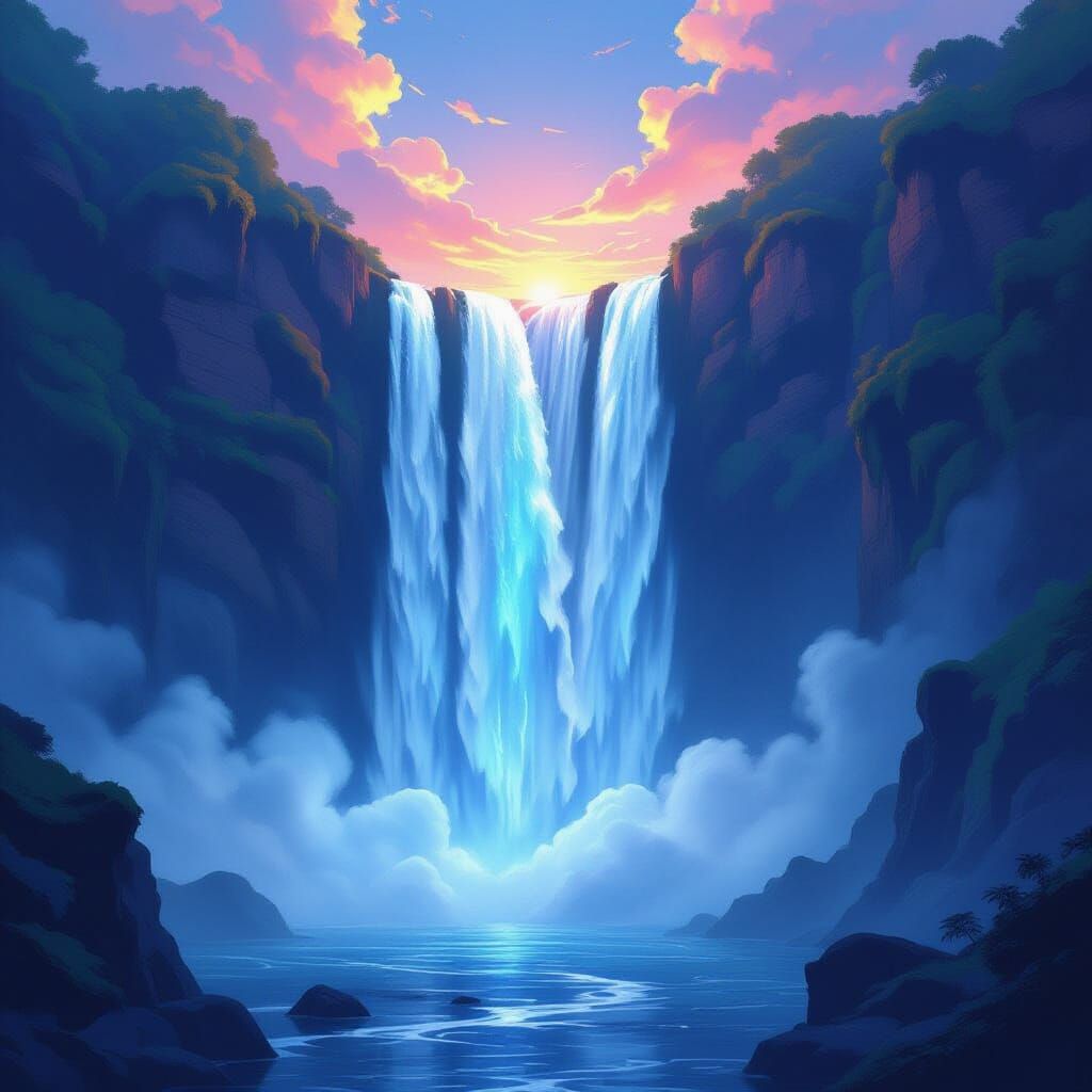 Ethereal Light Waterfall in Surreal Abstract Landscape