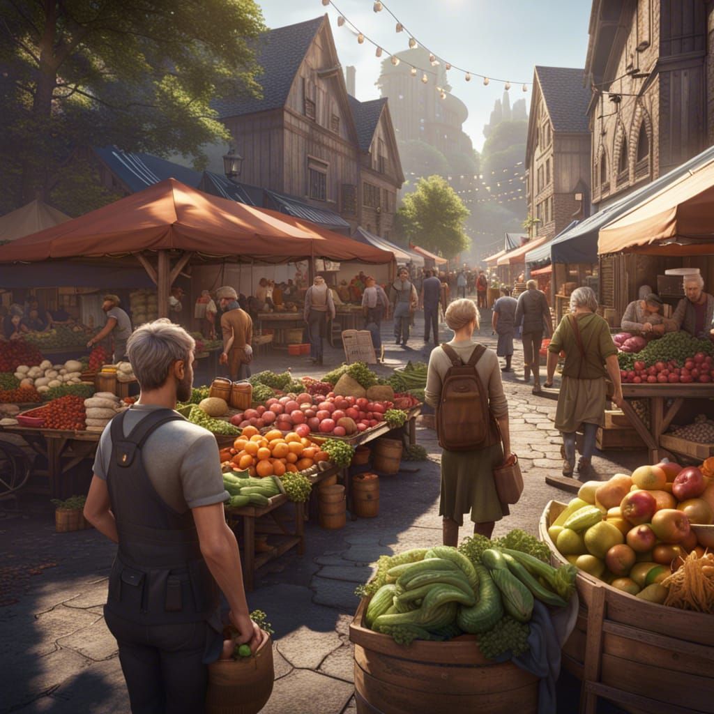Bustling Farmers Market in Detailed 3D Rendering