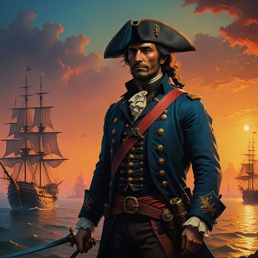 Swashbuckling Pirate Hero in Vibrant Port City Sunset