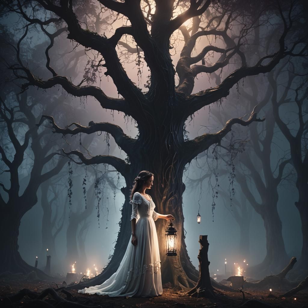 Ethereal Woman in White Dress Digital Painting