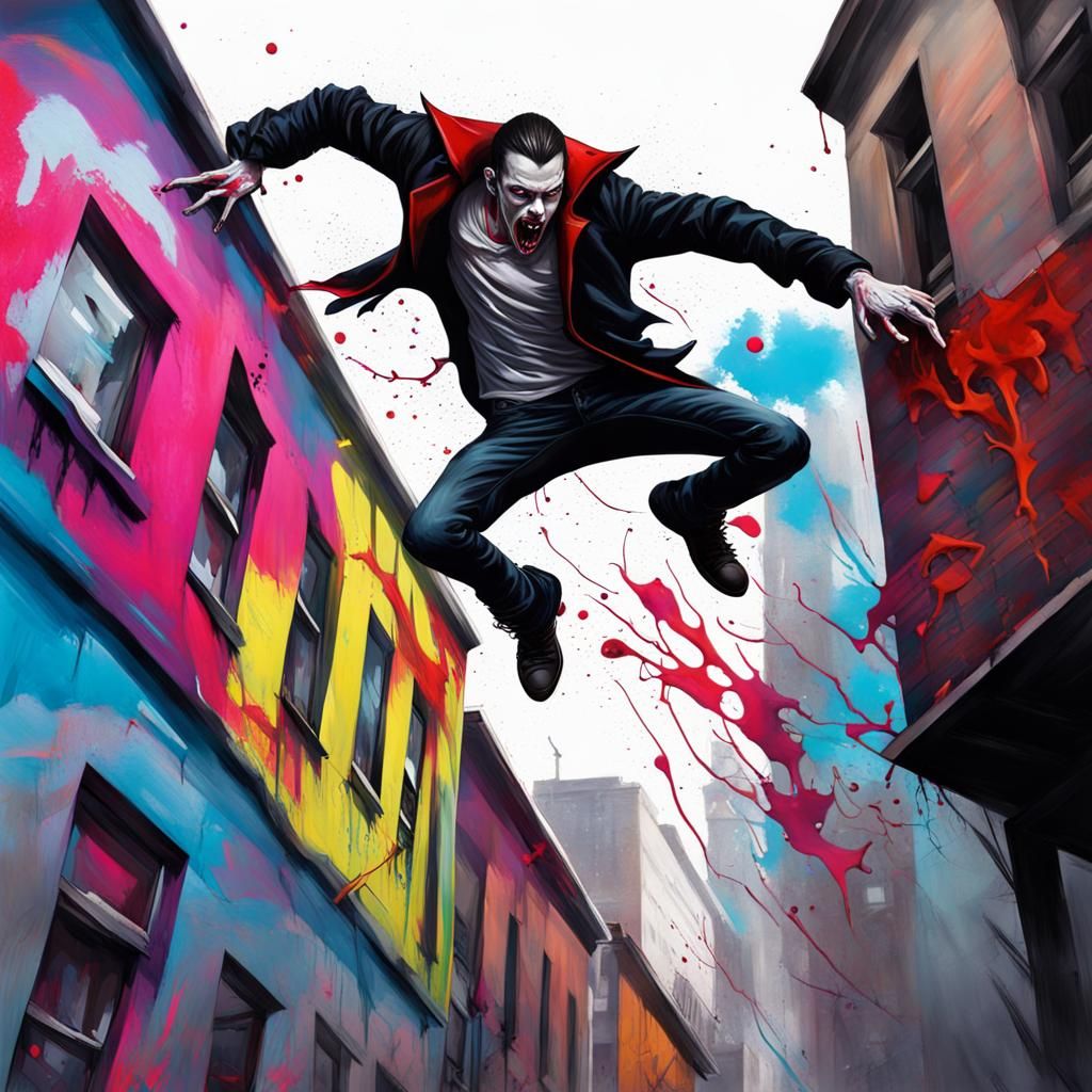 Modern Vampire Leaps from Building: Graffiti Art Style