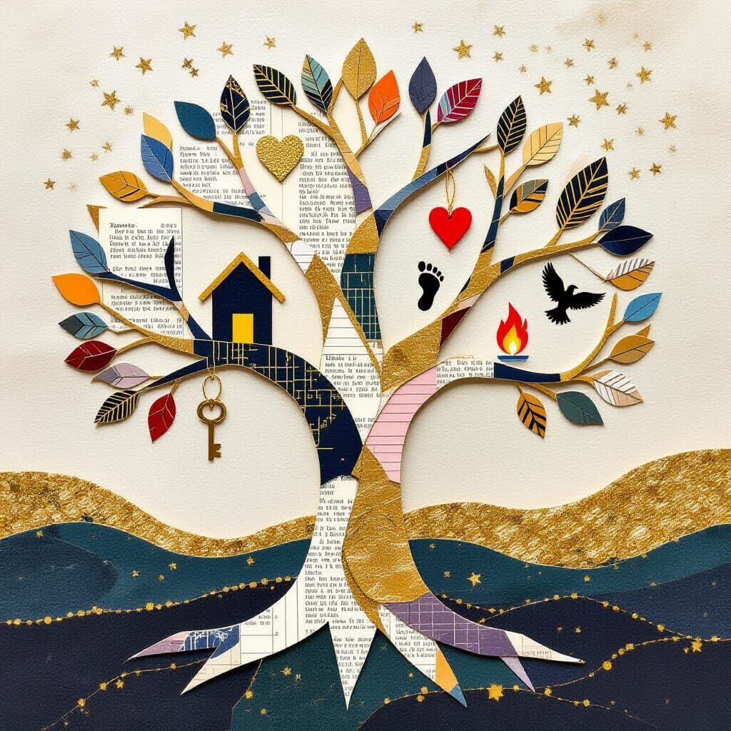 Symbolic Family Tree Collage with Golden Threads