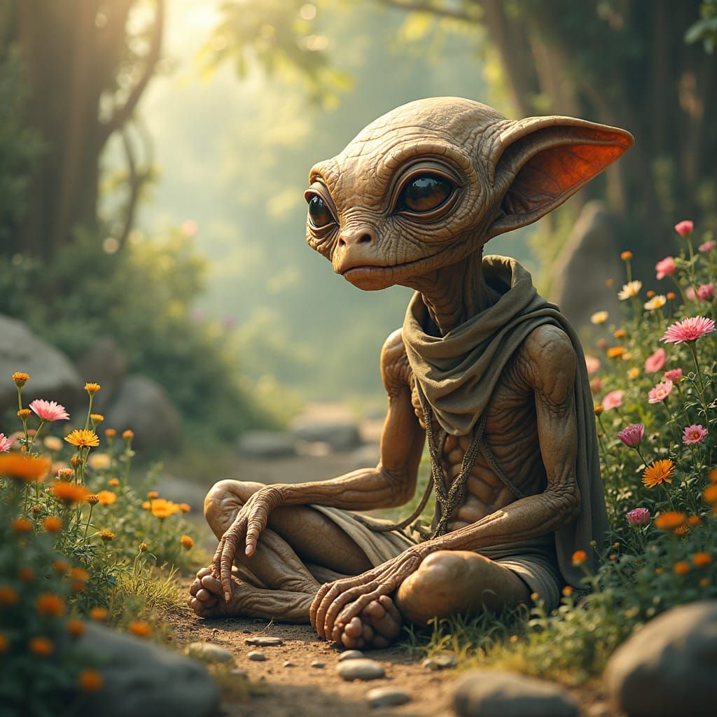 Wise Alien in Tranquil Garden, Painterly Style
