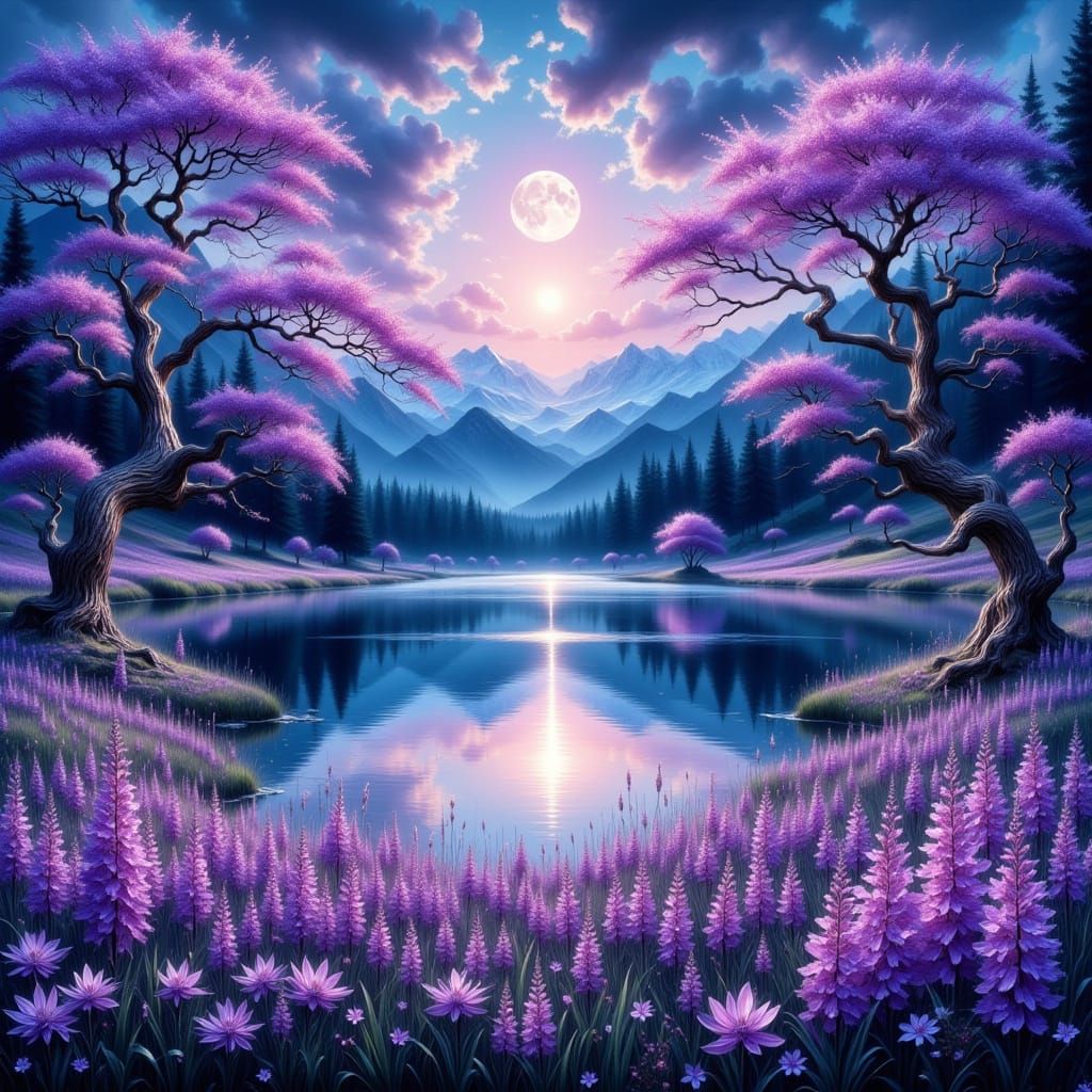 Mountain Lake at Dusk with Violet Flowers