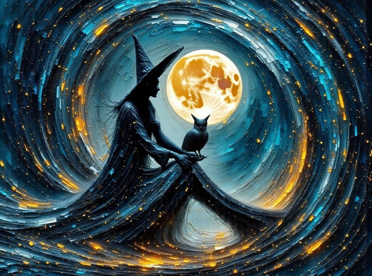 Witches Conjuring Spectral Owl in Moonlight Glade