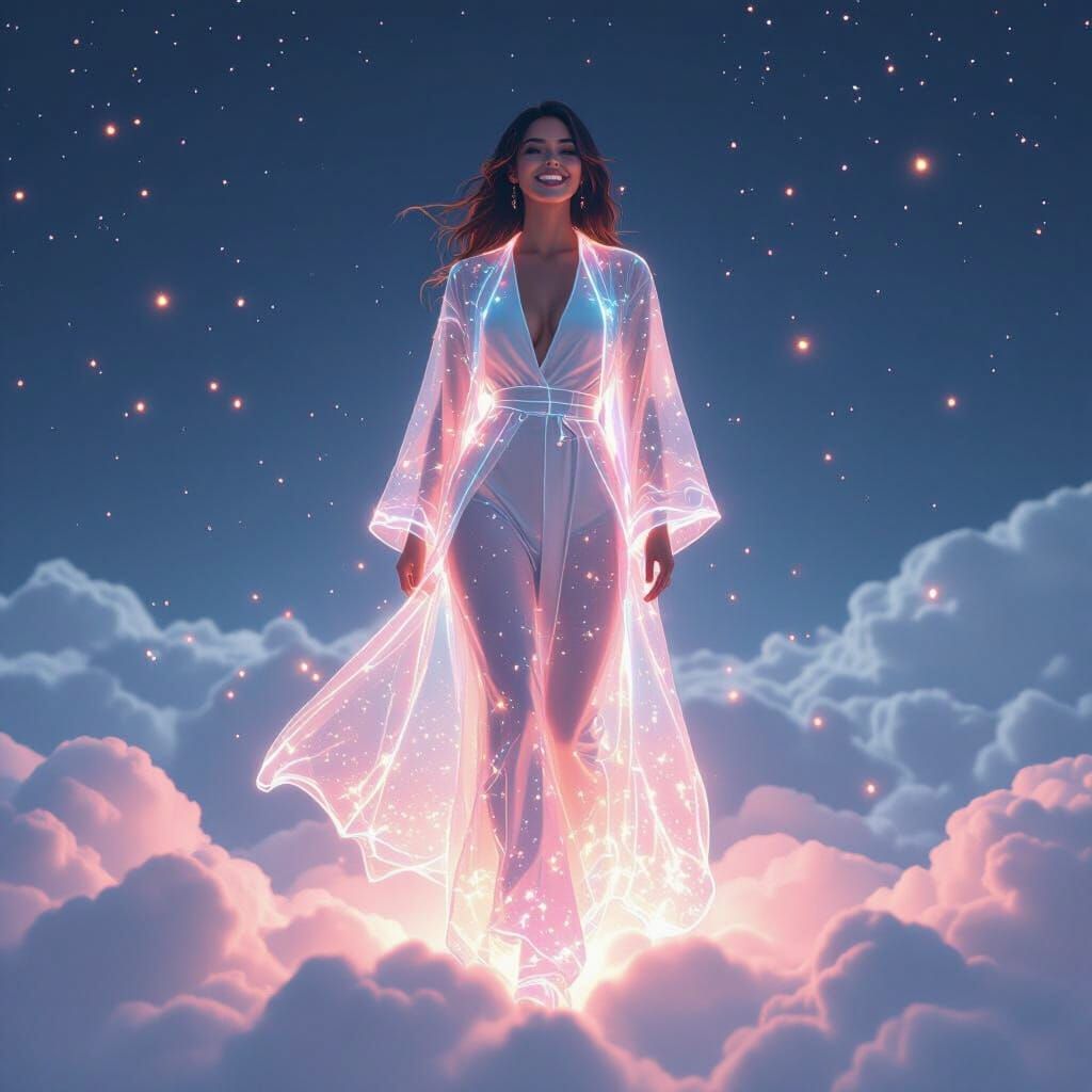 Heavenly Woman in Neon Robes Standing on Cloud
