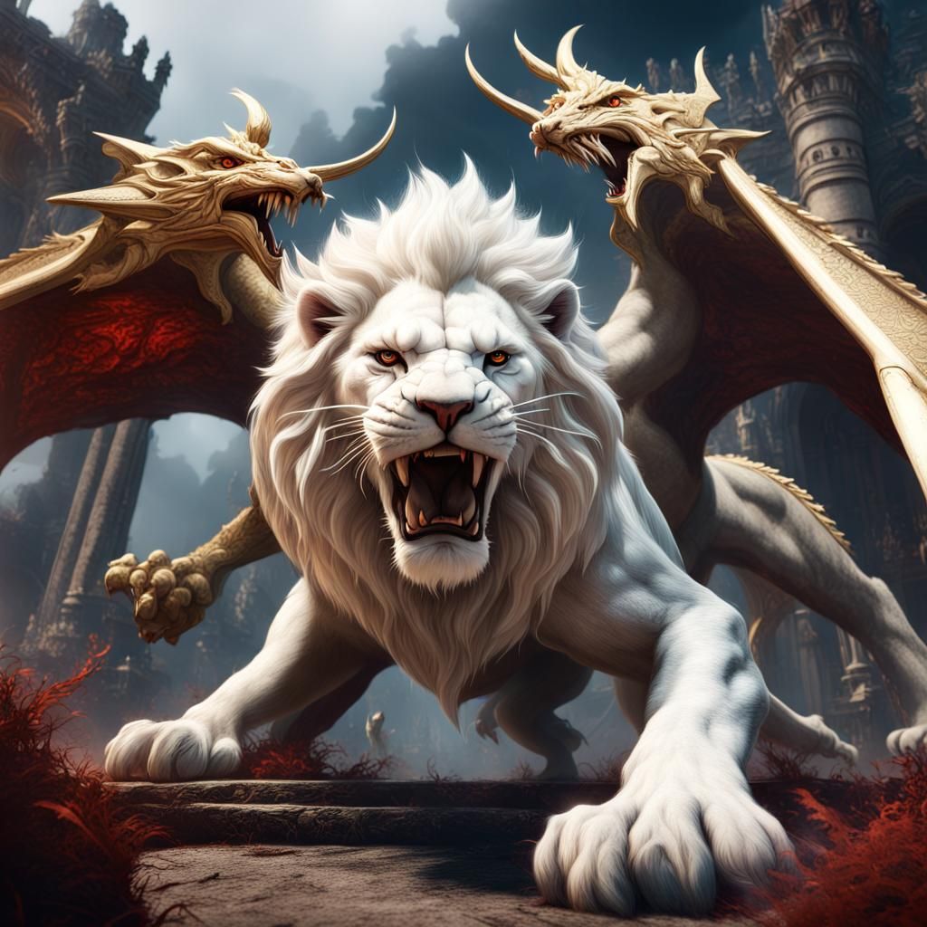 White Lion vs Dragons in Fantasy Concept Art