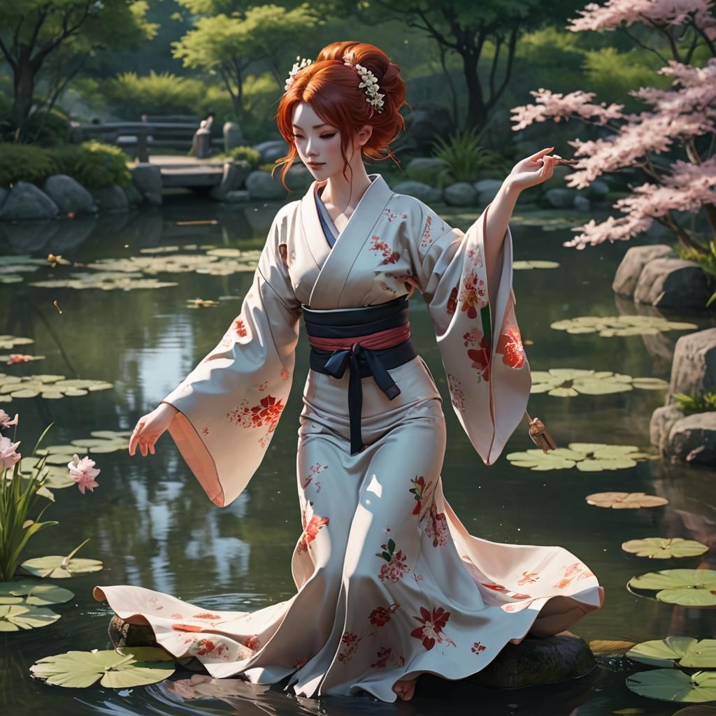 Redhead Kimono Dancer: 3D Anime Art