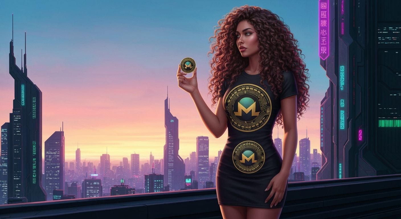 Latina Model with Crypto Design in Cyberpunk Cityscape