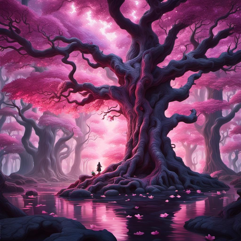 Enchanted Pink Forest: A Magical Realism Scene