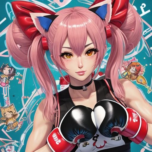 Kawaii Cat-Girl Boxing: Intricate Maximalist Art