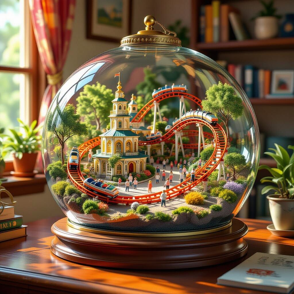 Whimsical Terrarium Amusement Park in Sunlit Study