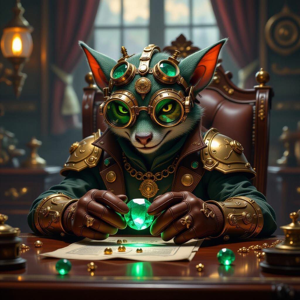 Steampunk Kobold Gem Appraiser Inspecting Emerald
