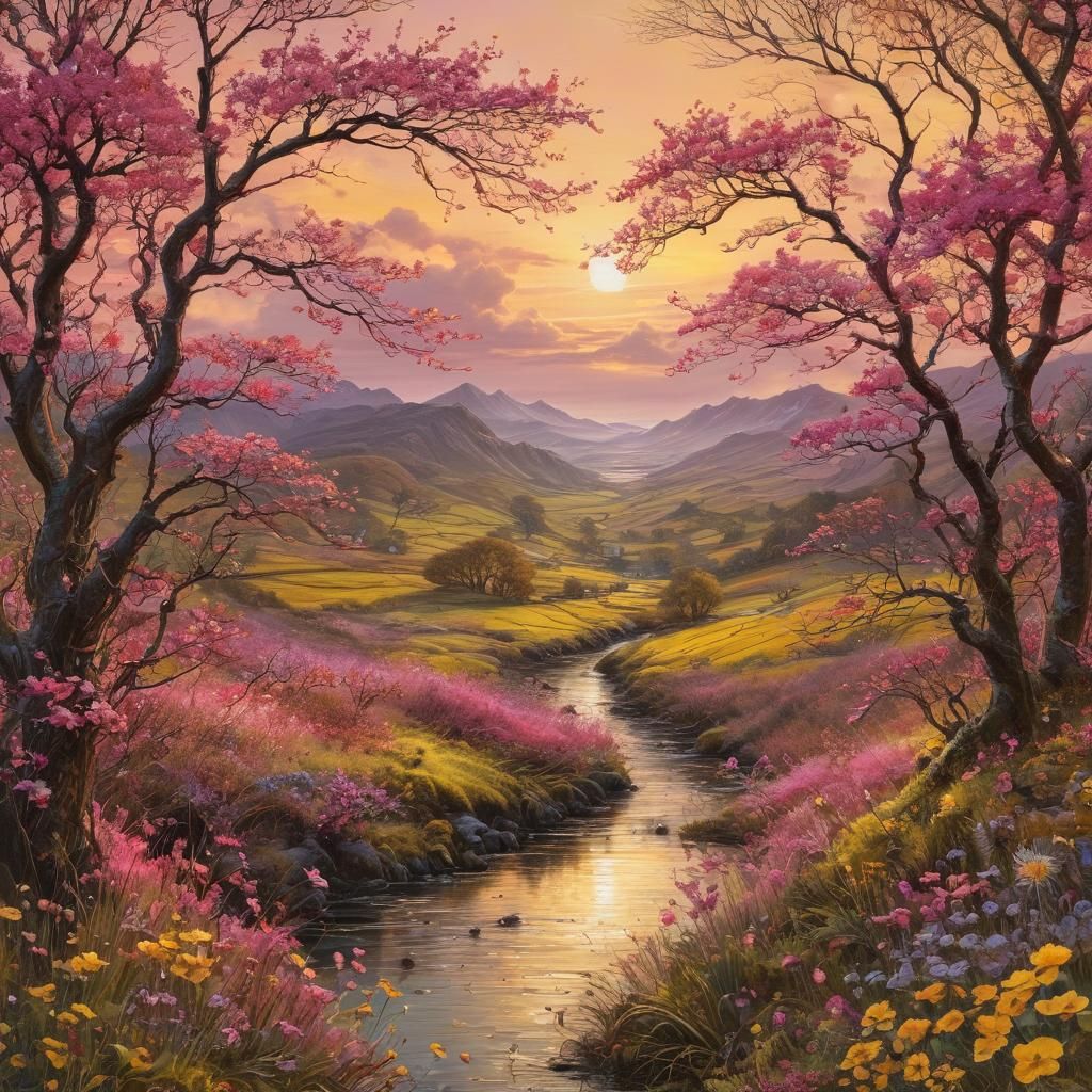 Encaustic Irish Landscape at Sunset