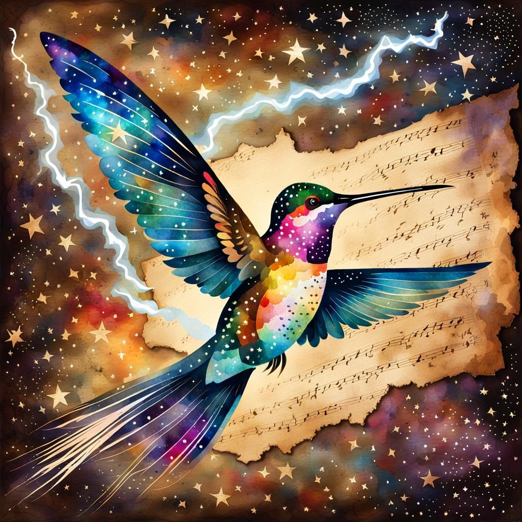 Iridescent Hummingbird in Starry Sky, Watercolor Style