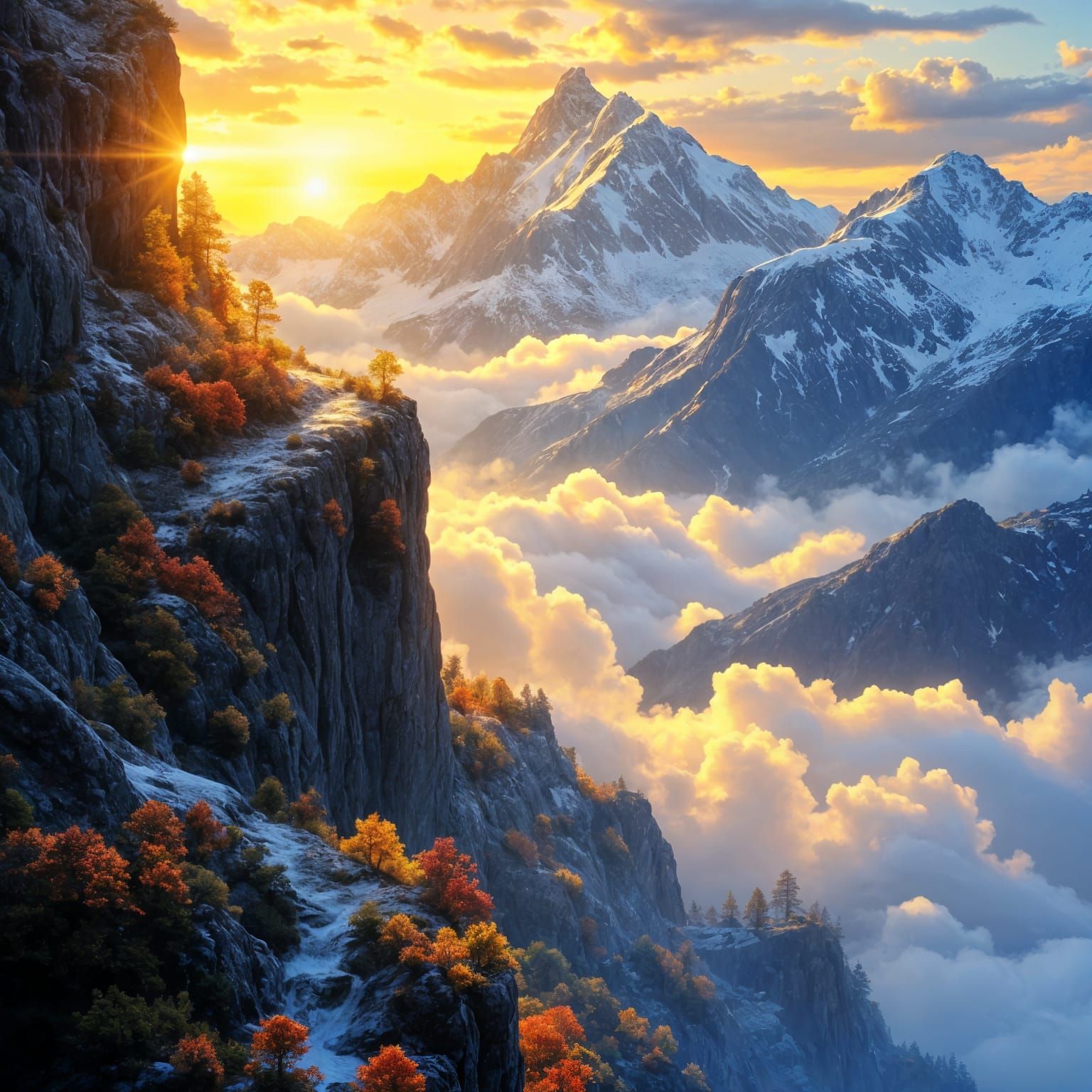 Golden Sunrise Over Snowy Peaks in Impasto Style