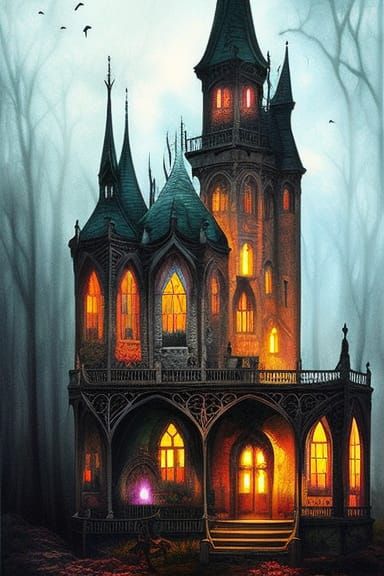 Detailed Gothic Castle on Mountain, Mixed Media Painting