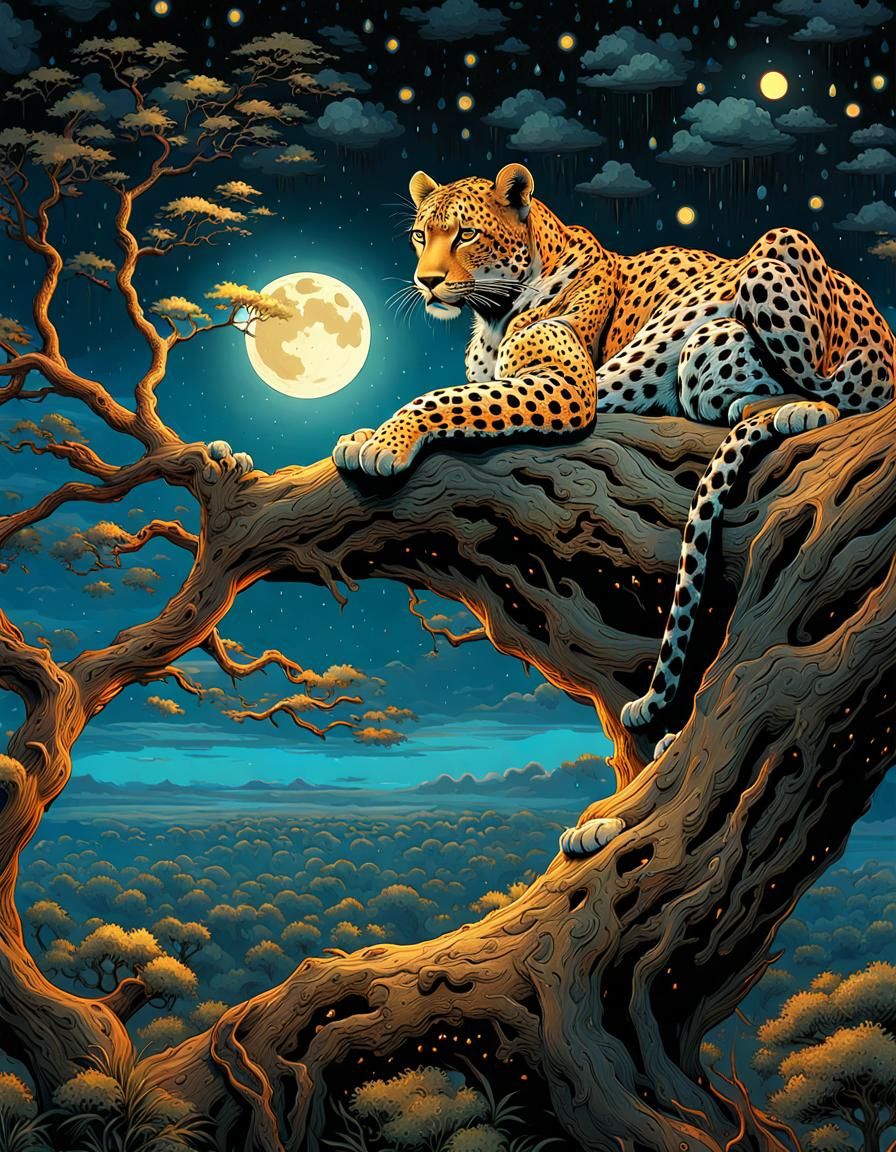 Leopard Overlooking Savannah in Expressionist Style