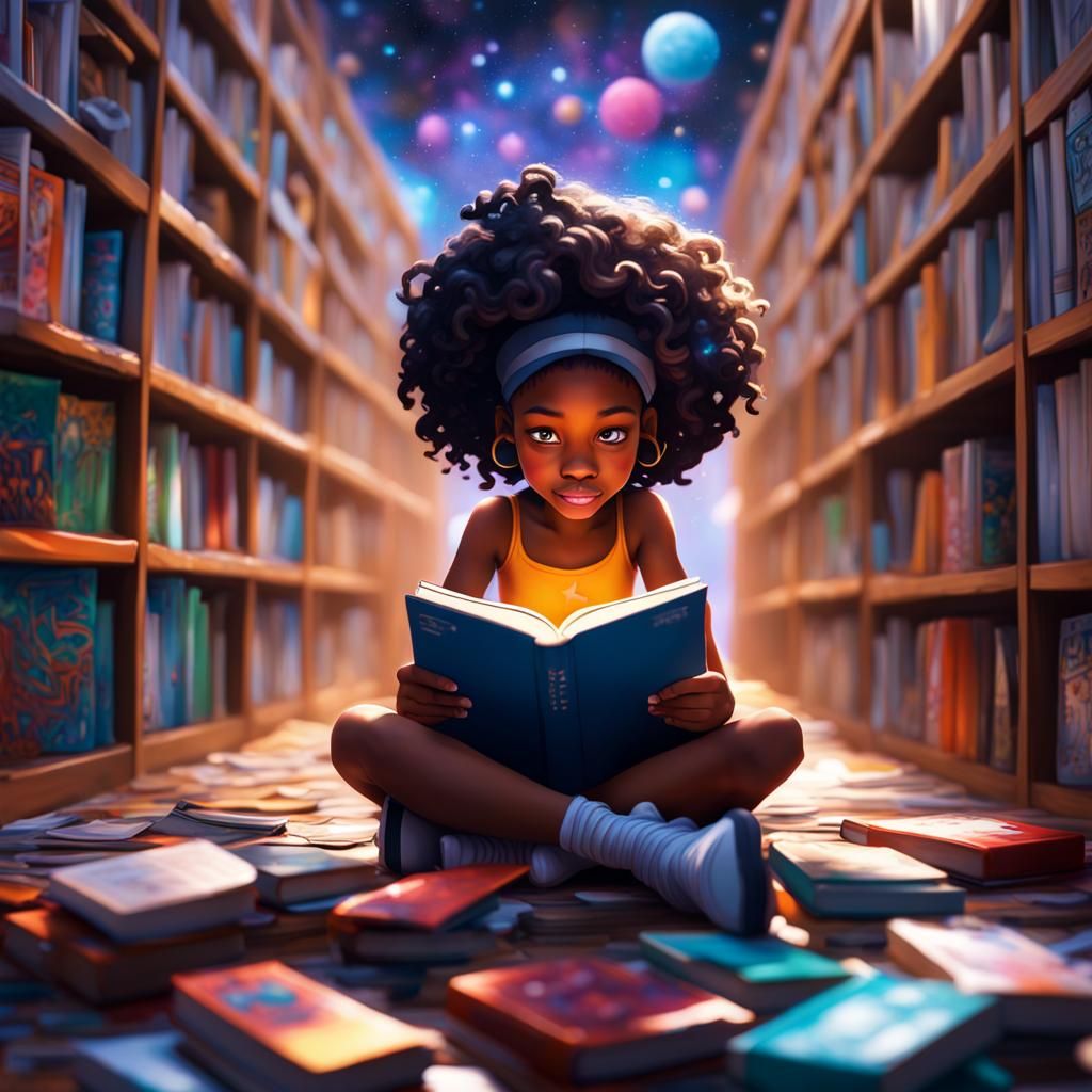 Girl Reading in Library with Starry Sky