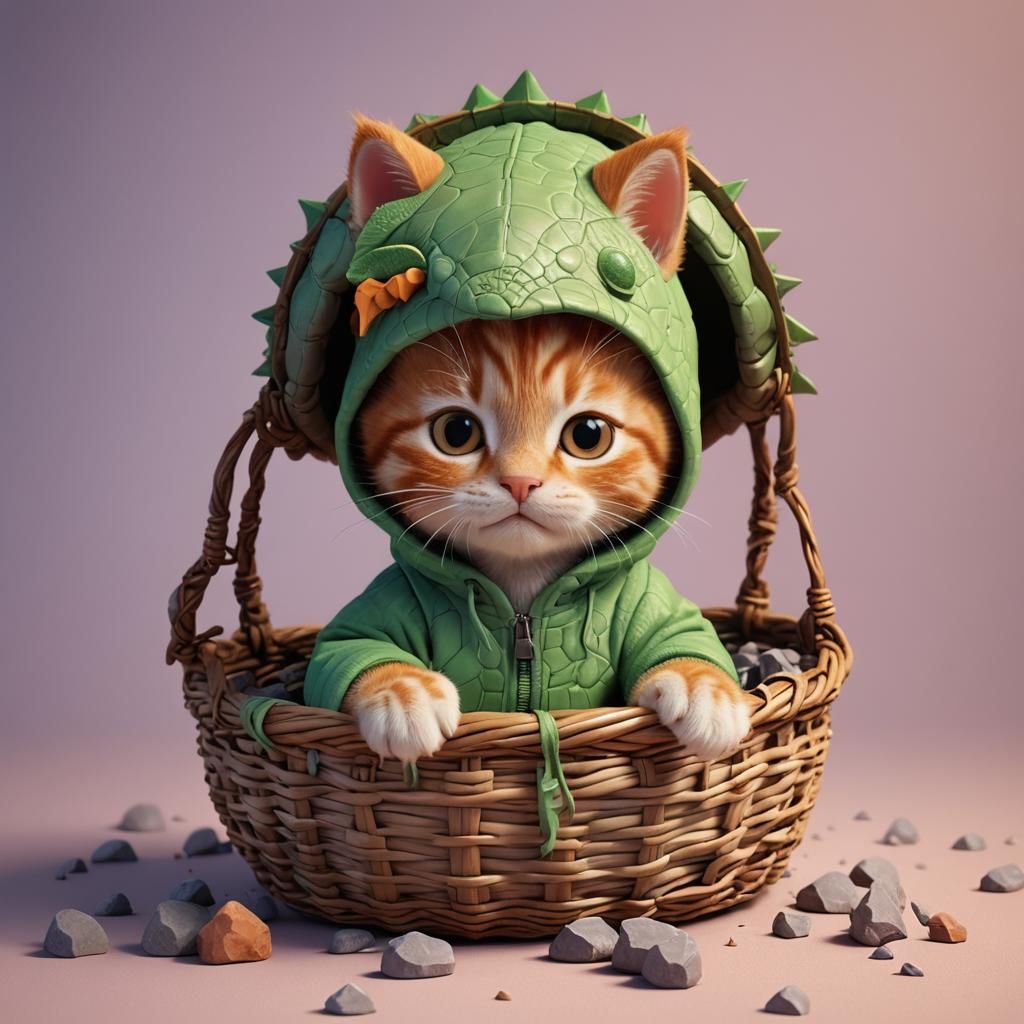 Ginger Kitten as Dino in Basket: 3D Digital Art