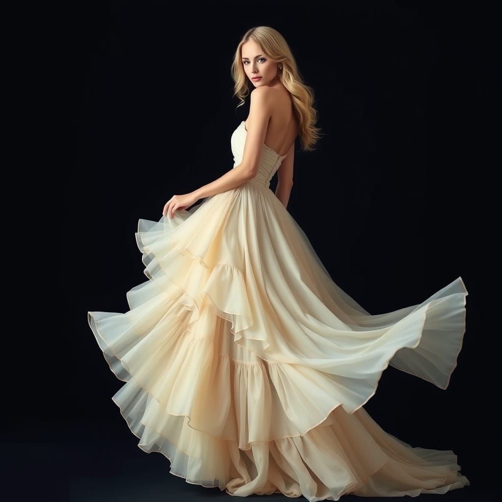 Ethereal Woman in Champagne Gown Against Dark Background