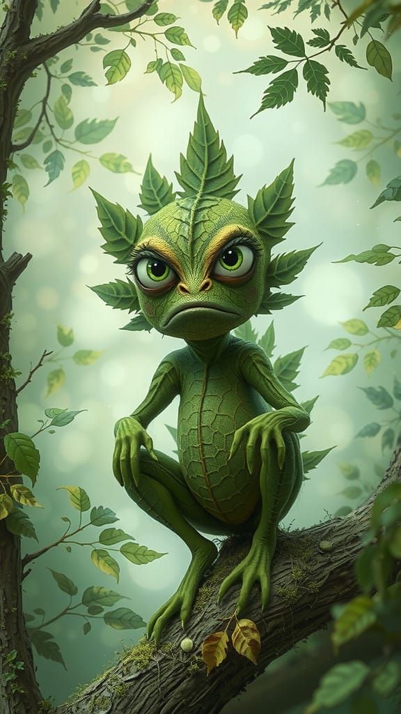 Whimsical Autumn Leaf Faerie with Cozy, Sad Expression