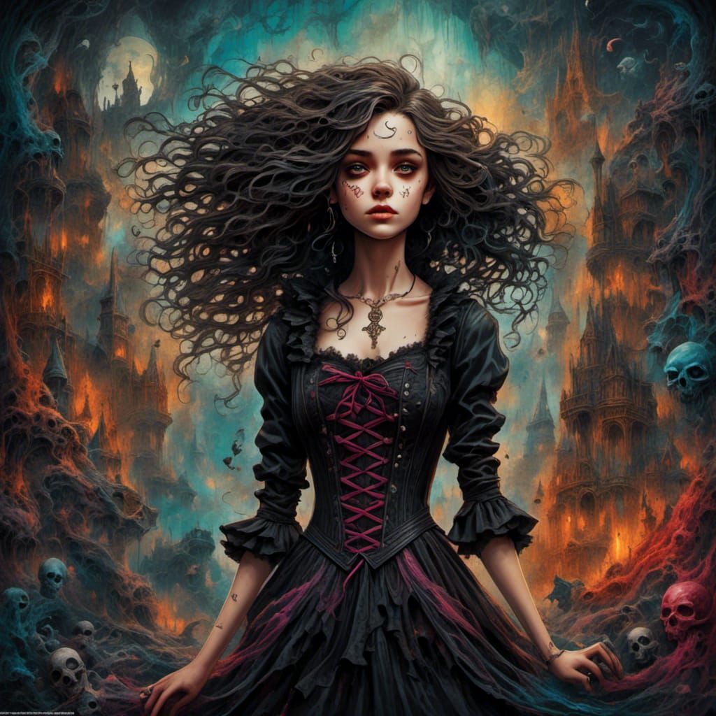 Gothic Girl Surrounded by Ghosts in Street Art Style