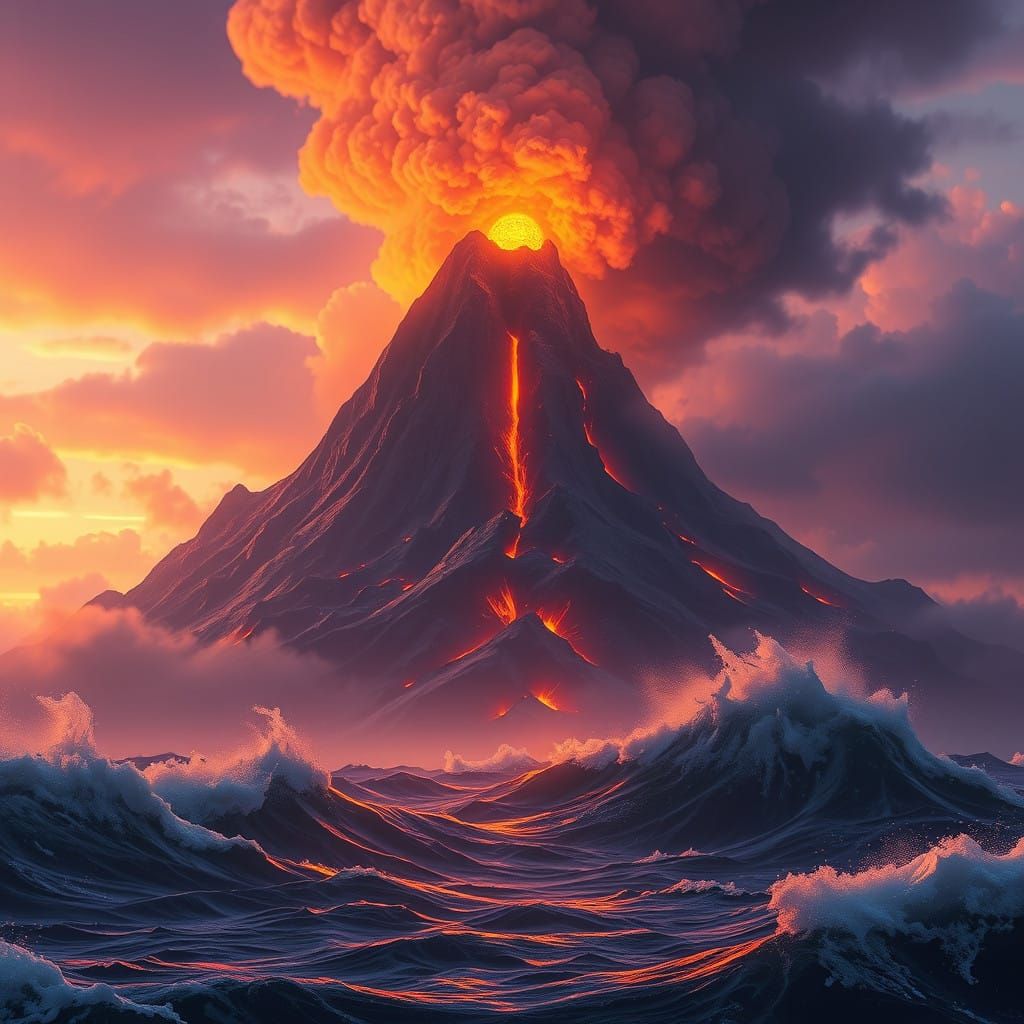 Majestic Dark Fantasy Volcano Sea Landscape in Cyberpunk Sty...