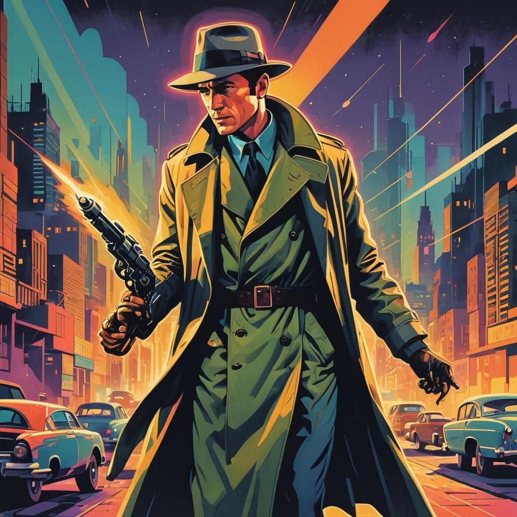 Retro Sci-Fi Detective in Bauhaus-Style Futurism