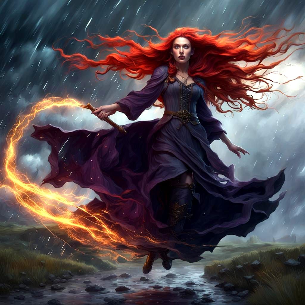 Red-Haired Witch Flies in Storm, Dark Fantasy Art