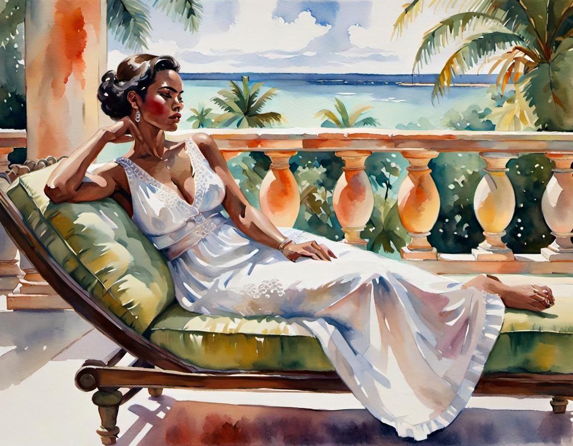 Belizean Woman in White Dress: Watercolor Painting
