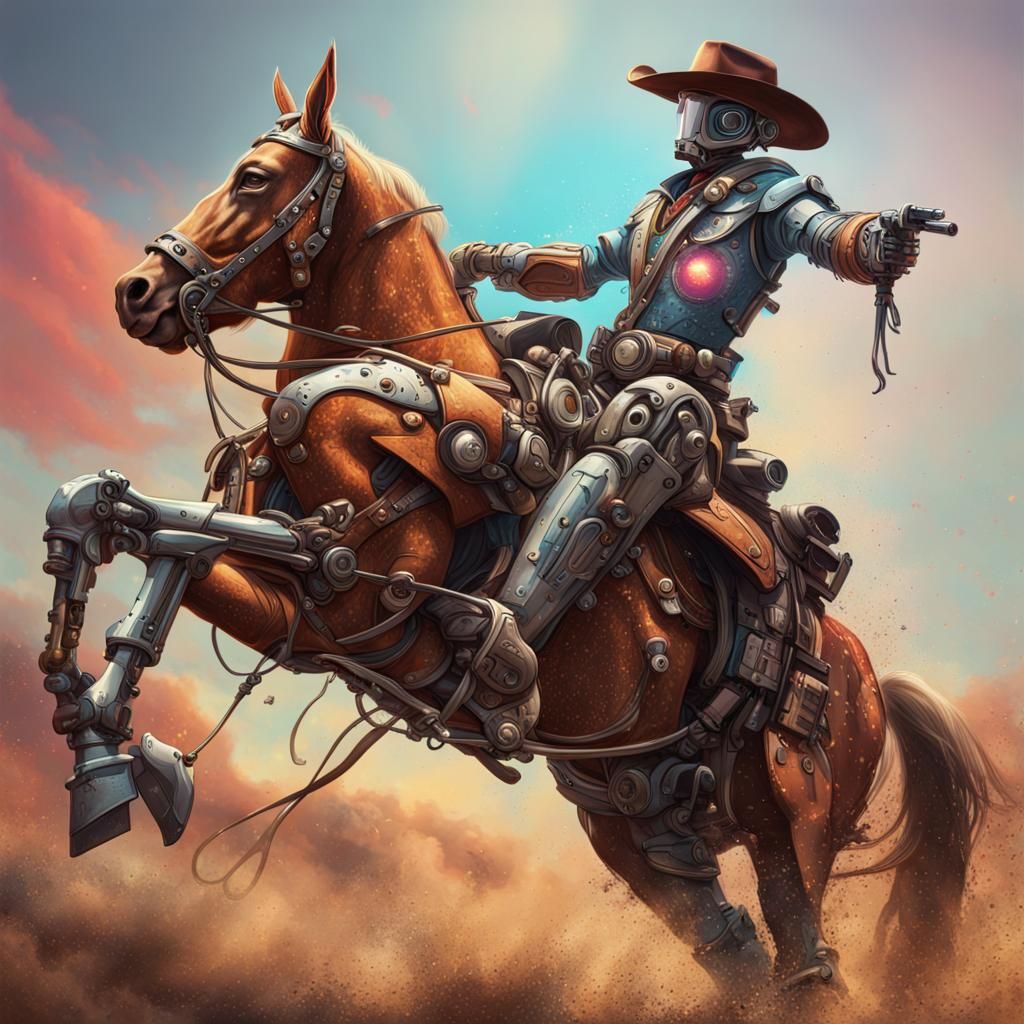 Robot Cowboy on Horseback in Hyperreal Style