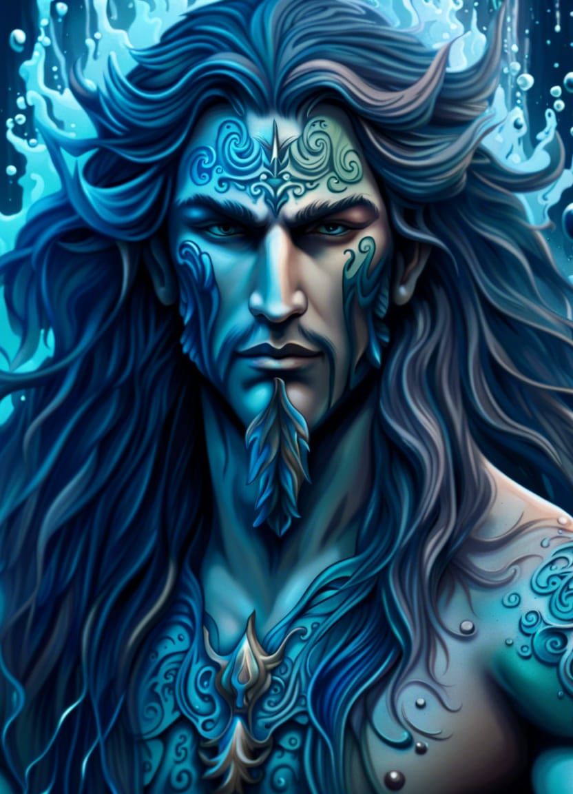 Mesmerizing Long-Haired Water God with Trident Tattoo