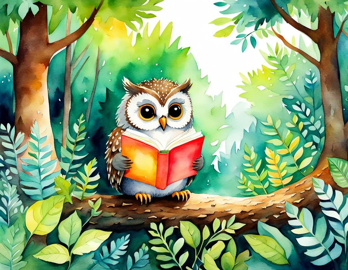 Owl Reading to Hedgehogs in Lush Forest
