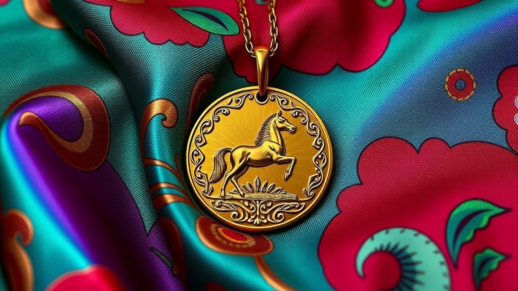 Luxurious Gold Medallion with Horse Motif on Vibrant Tapestr...
