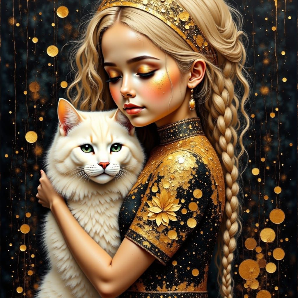 Toddler Girl Holds White Cat in Golden Impressionistic Style